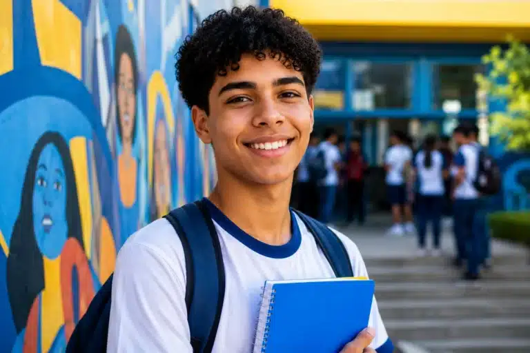 Estudante brasileira do ensino médio segurando caderno em escola pública, representando a inscrição automática no Enem e os novos locais de prova.