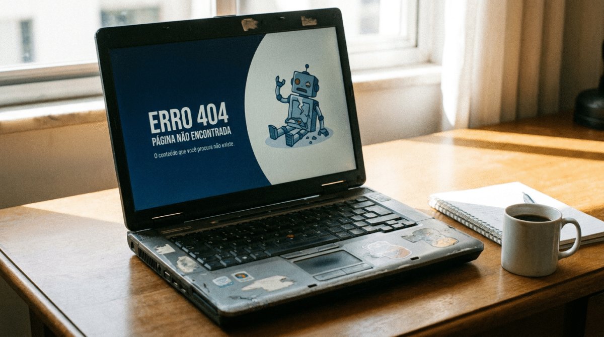 Laptop usado sobre mesa de madeira mostra página de erro 404 com ilustração de robô azul quebrado, ao lado de caneca e caderno.