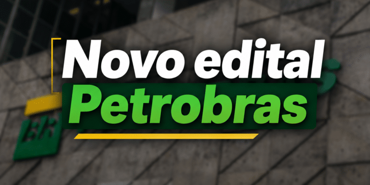 Arte promocional sobre novo edital Petrobras 2026 com logo BR em fundo cinza corporativo e texto em verde e branco.