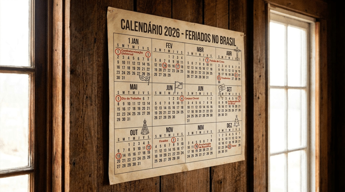 Calendário anual 2026 em papel envelhecido fixado em parede de madeira escura, destacando feriados nacionais do Brasil.