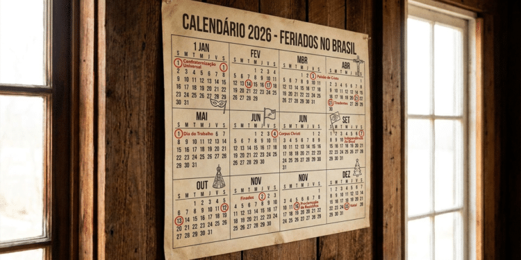 Calendário anual 2026 em papel envelhecido fixado em parede de madeira escura, destacando feriados nacionais do Brasil.