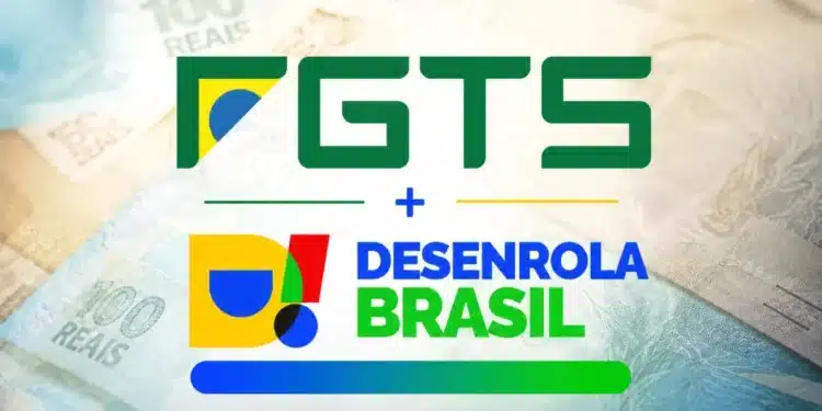 Logo do FGTS e do Desenrola Brasil sobre cédulas de reais, ilustrando o uso do FGTS na renegociação de dívidas.