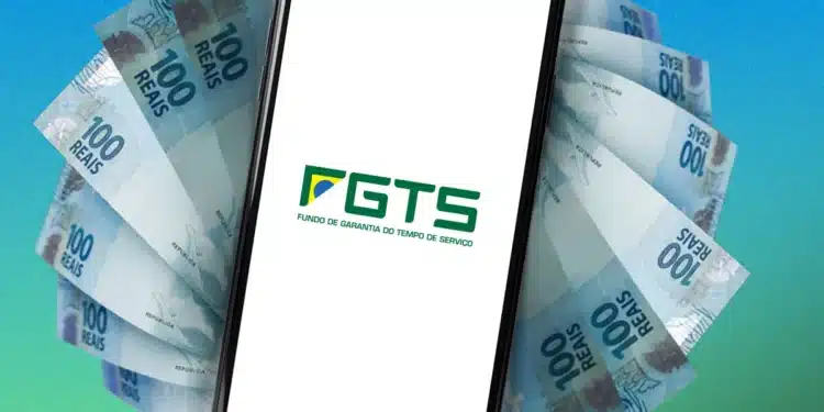 Celular com logo do FGTS sobre notas de R$ 100, representando o uso do fundo para quitar dívidas.