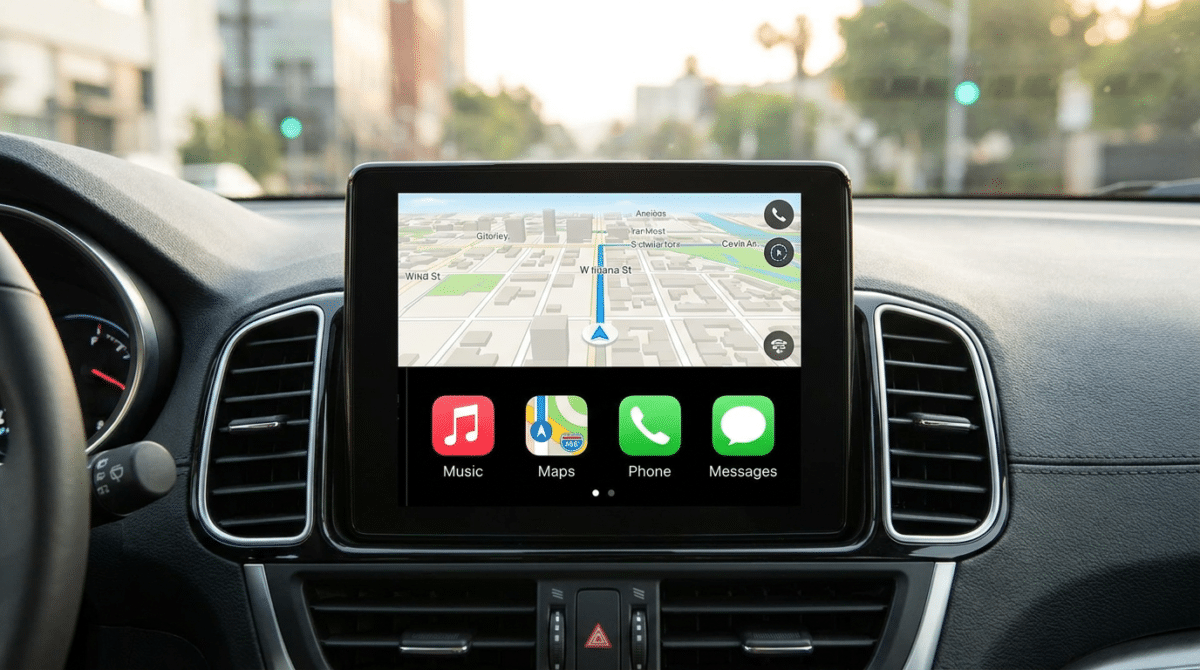 Painel de carro exibindo Apple CarPlay com mapa 3D de navegação e ícones de Music, Maps, Phone e Mensagens.