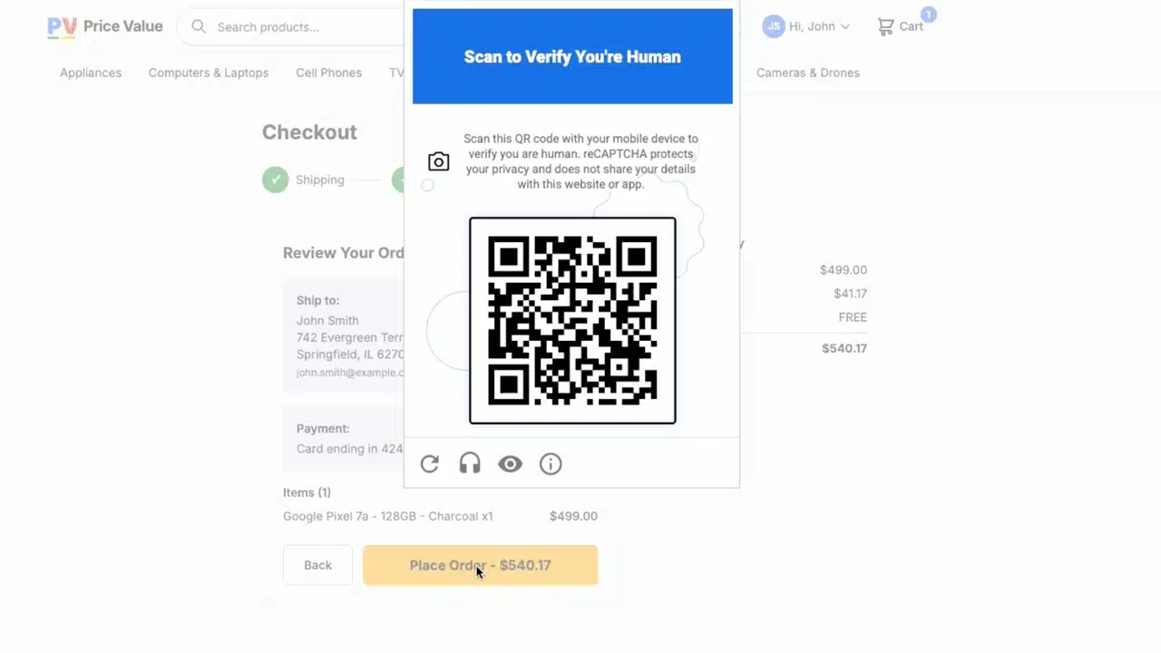 Tela de checkout exibindo verificação reCAPTCHA com QR Code para confirmar que o usuário é humano.