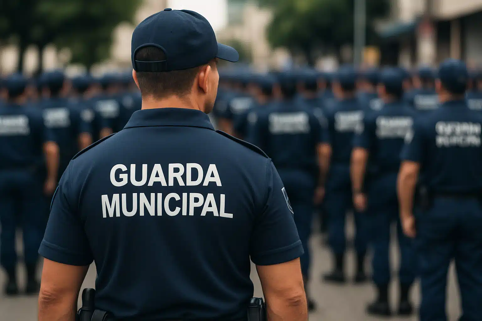 Agentes da Guarda Municipal em formação, uniformes azul-marinho com inscrição nas costas, bonés combinando.