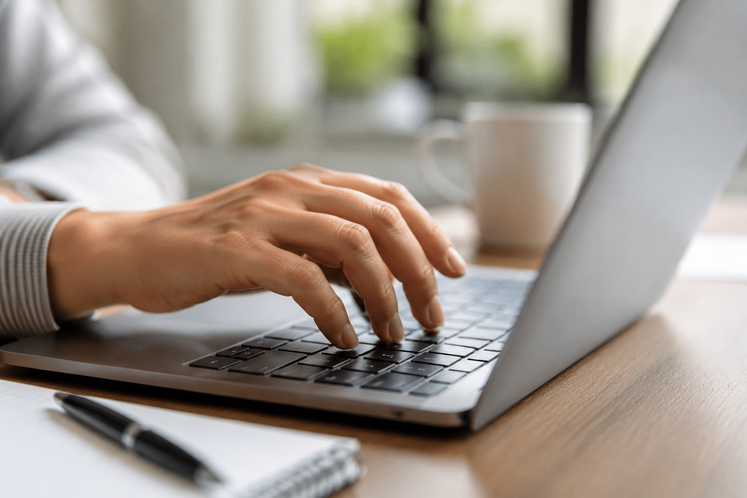 Mãos de mulher com unhas naturais digitando em teclado de notebook cinza, com caneta e xícara branca ao lado.
