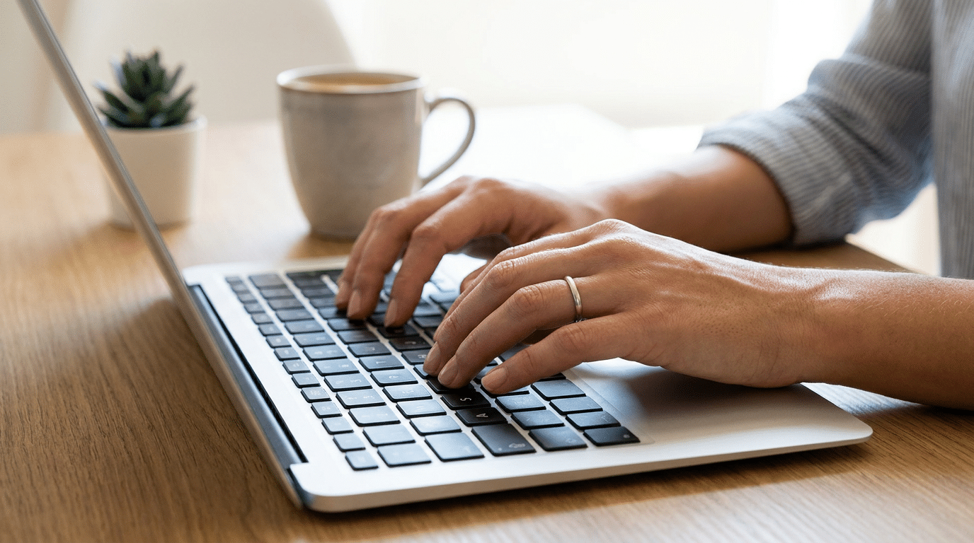 Mãos com anel digitando em teclado de laptop prateado, com xícara de café e suculenta ao fundo.