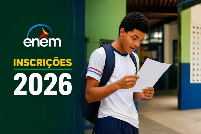 Estudante do ensino médio em escola pública brasileira lendo um documento do Enem, com arte do exame ao lado, representando a abertura das inscrições em 2026.