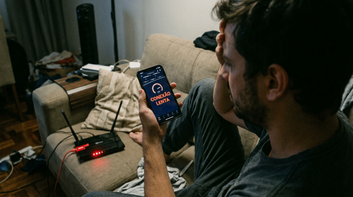 Homem frustrado segura celular mostrando "Conexão Lenta" ao lado de roteador com LEDs vermelhos acesos.