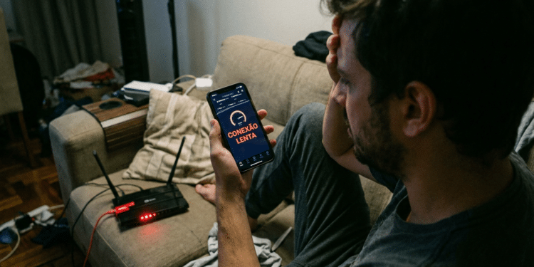 Homem frustrado segura celular mostrando "Conexão Lenta" ao lado de roteador com LEDs vermelhos acesos.