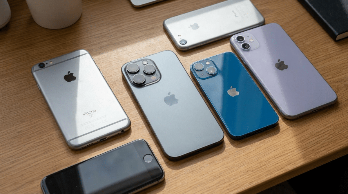 Seis iPhones de diferentes gerações, do SE ao 13 Pro, expostos sobre mesa de madeira clara.