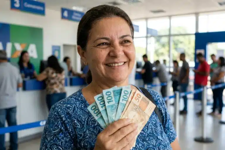 Mulher sorrindo segurando cédulas de real em agência da Caixa, representando a liberação de R$ 1.078,01.