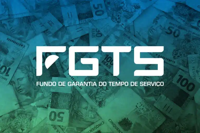 Logotipo do FGTS sobre notas de real representando a liberação do recurso para trabalhadores demitidos que aderiram ao saque-aniversário