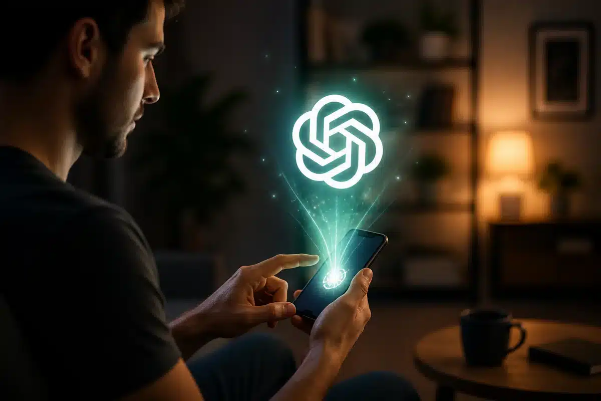 Pessoa usando smartphone com projeção holográfica do logotipo do ChatGPT saindo da tela em ambiente interno desfocado.