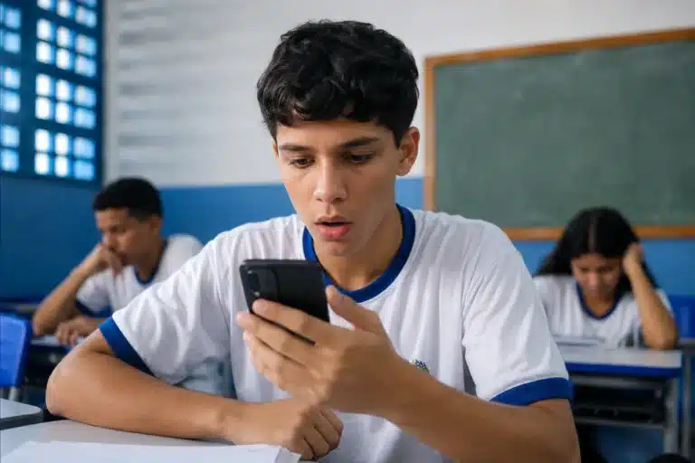 Estudante consultando o celular em sala de aula, representando mensagem do MEC sobre a terceira parcela do programa Pé-de-Meia.