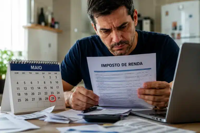 Homem preocupado analisa documento do Imposto de Renda, representando a multa de R$ 165,74 ou 1% do imposto devido para quem não declarar no prazo.
