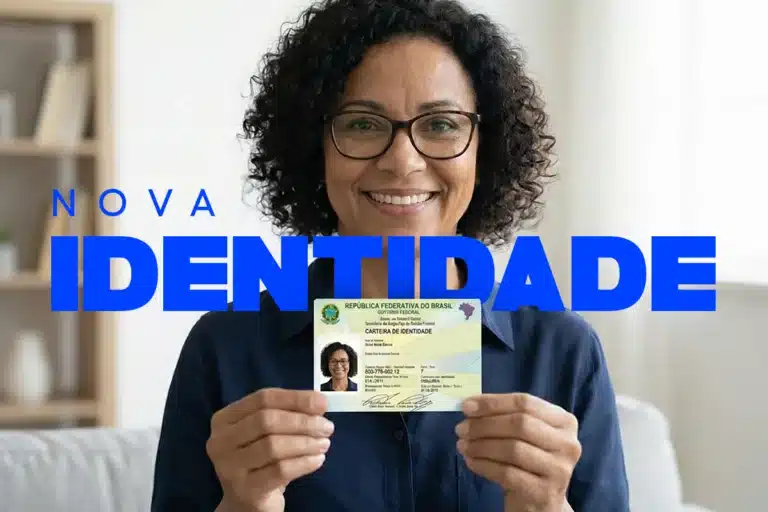 Mulher de óculos sorrindo enquanto exibe a nova Carteira de Identidade Nacional brasileira