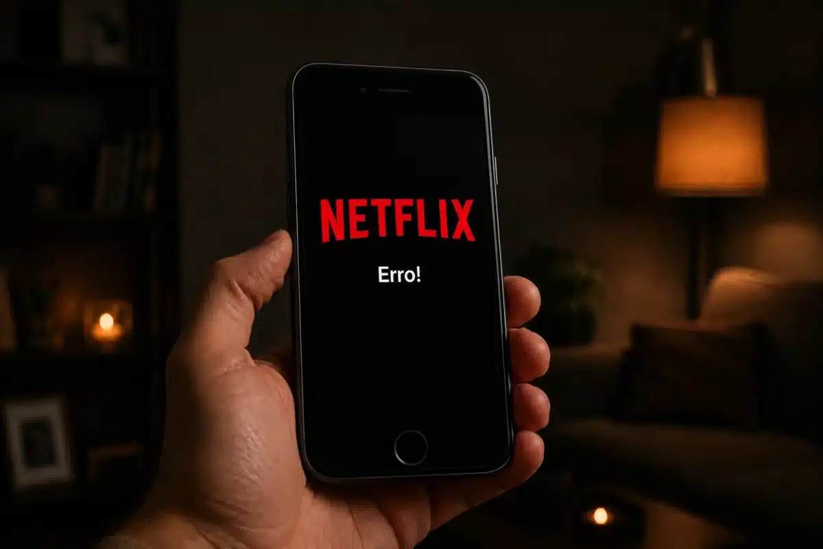 elular antigo exibindo mensagem de erro da Netflix em tela preta.