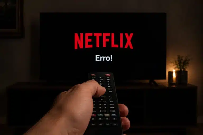 Mão segurando controle remoto apontado para TV com aviso de erro da Netflix na tela.