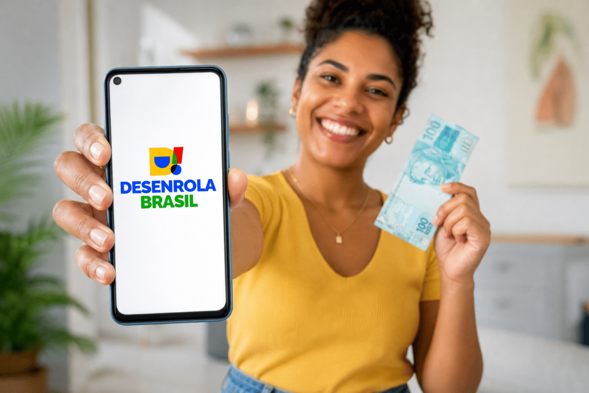 Mulher sorridente exibe smartphone com logo Desenrola Brasil e segura nota de R$ 100 em ambiente doméstico.