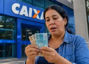 Mulher conferindo notas de R$ 50 e R$ 100 em frente a uma agência da Caixa, representando o pagamento de R$ 1.128,01.