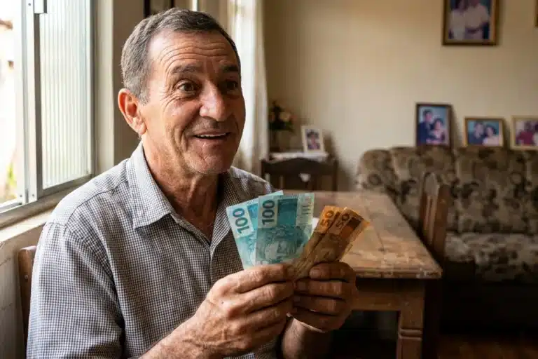 Aposentado segurando cédulas de dinheiro, representando o pagamento extra de R$ 810,50 do INSS.