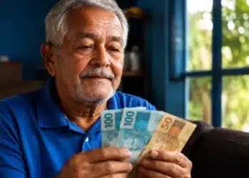 Aposentado segurando notas de reais em casa, representando a confirmação do pagamento do INSS de R$ 2.431,50.
