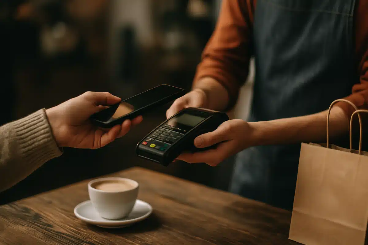 essoa fazendo pagamento com celular em máquina de cartão