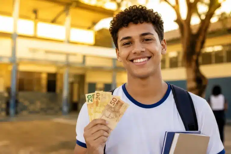Estudante segurando notas de reais em frente a uma escola pública, representando o pagamento do programa Pé-de-Meia nesta terça-feira (26).