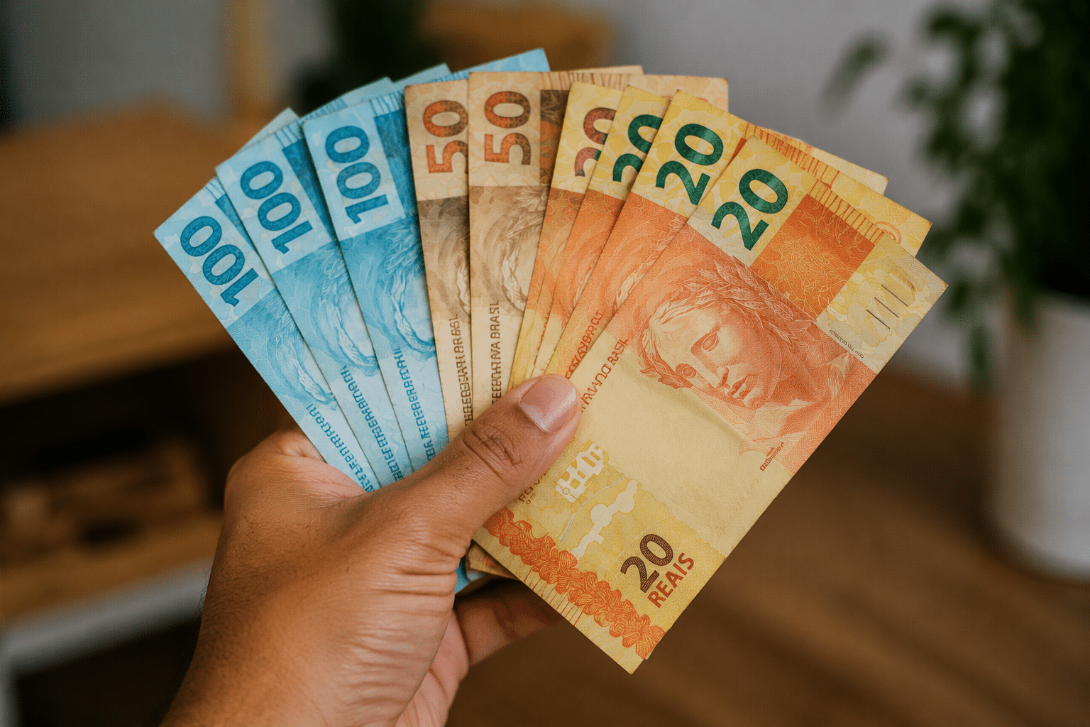 Mão segurando cédulas de Real brasileiras em leque: duas notas de 100, duas de 50 e três de 20 reais.