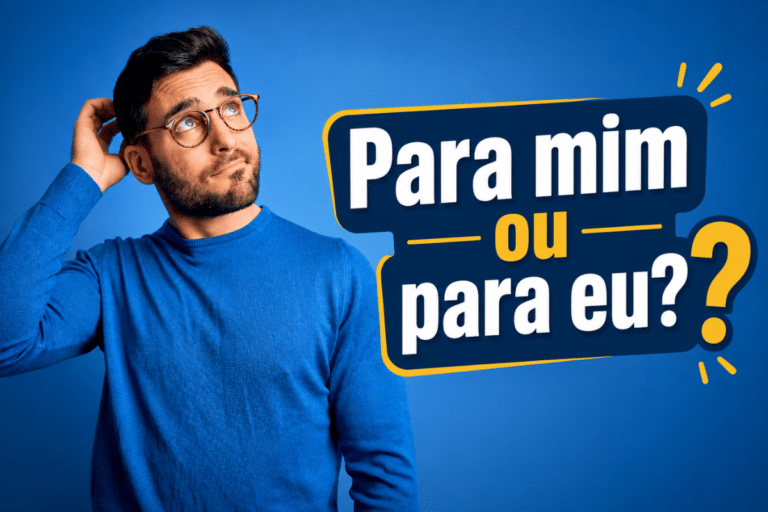 Homem de óculos redondos e suéter azul coça a cabeça pensativo ao lado de balão com a dúvida "Para mim ou para eu?"