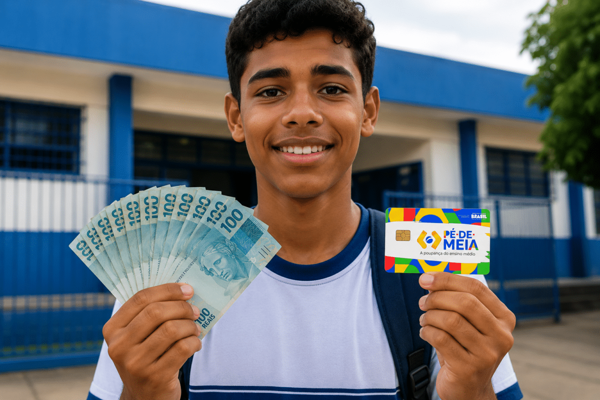 Jovem sorridente segura notas de R$ 100 e cartão do programa Pé-de-Meia em frente a escola pública.