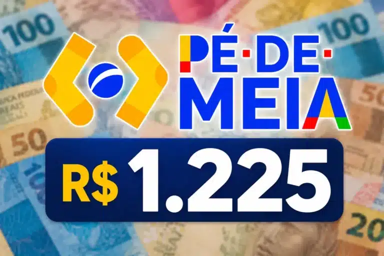 Arte do Pé-de-Meia com notas de dinheiro ao fundo representando os pagamentos de R$ 1.225