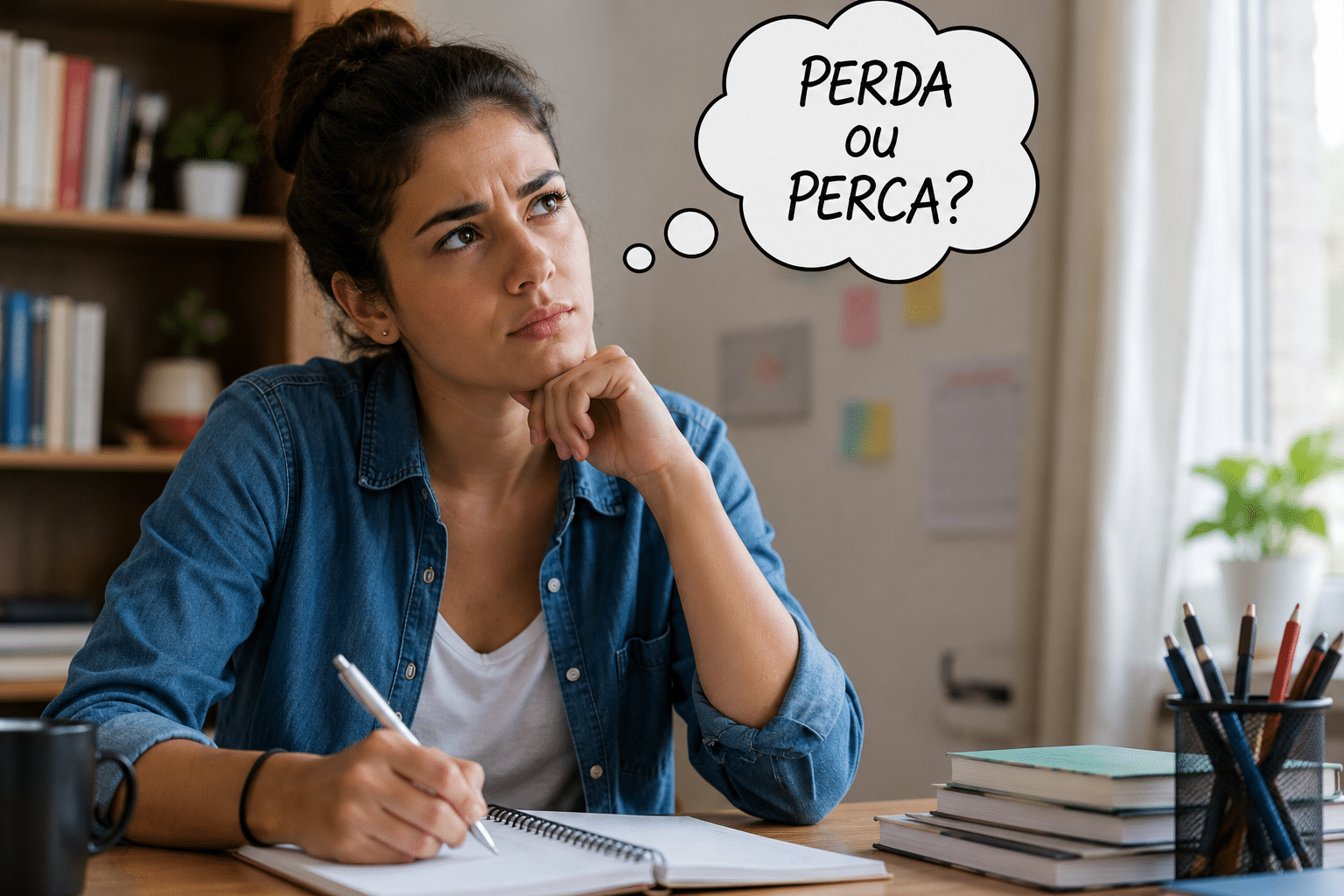 Mulher jovem de camisa jeans pensa em balão com texto "Perda ou Perca?" enquanto escreve em caderno.