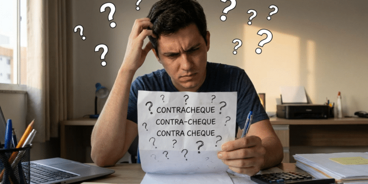 Homem confuso coça a cabeça enquanto segura papel com três formas de escrita: contracheque, contra-cheque e contra cheque.