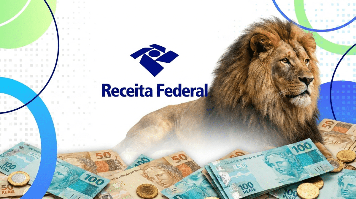 Marca da Receita Federal e figura de um leão sobre fundo claro, com cédulas e moedas de real ao redor.