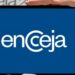 Pessoa segurando tablet com o logotipo do Encceja em destaque sobre fundo com folha de redação do exame