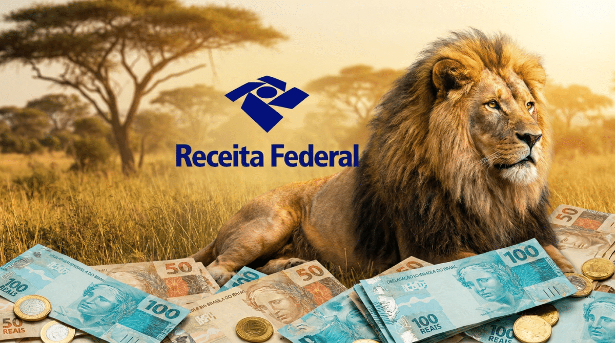 Marca da Receita Federal e um leão deitado em paisagem de savana, com cédulas e moedas de real à frente.