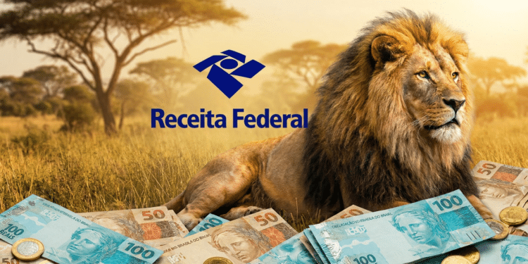 Marca da Receita Federal e um leão deitado em paisagem de savana, com cédulas e moedas de real à frente.