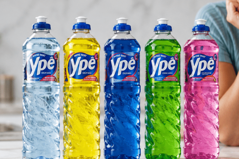 Cinco frascos de detergente Ypê nas cores azul claro, amarelo, azul escuro, verde e rosa alinhados sobre bancada.
