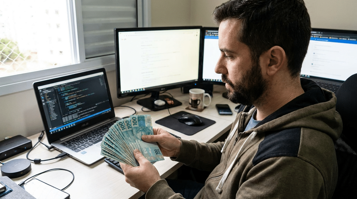 Homem barbudo conta maço de notas de cem reais em mesa com laptop ASUS exibindo código e dois monitores.
