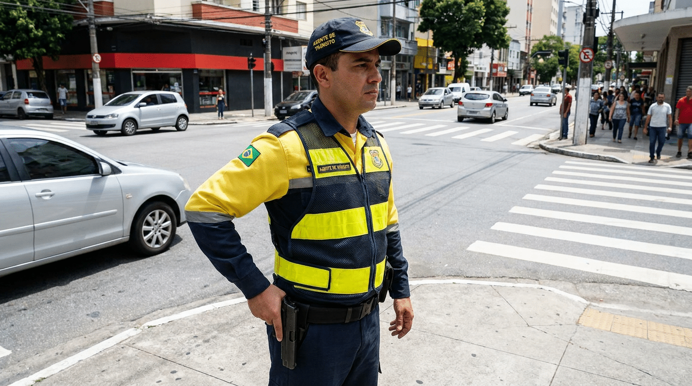 Agente de trânsito com colete amarelo e azul fiscaliza rua movimentada com carros e pedestres ao fundo.