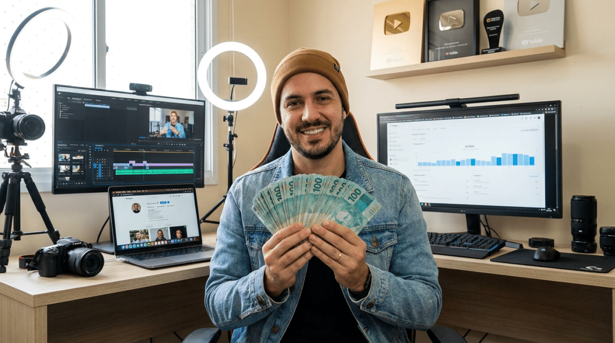 Homem sorrindo segura maço de notas de 100 reais em estúdio com monitores, ring lights, câmeras e placas do YouTube