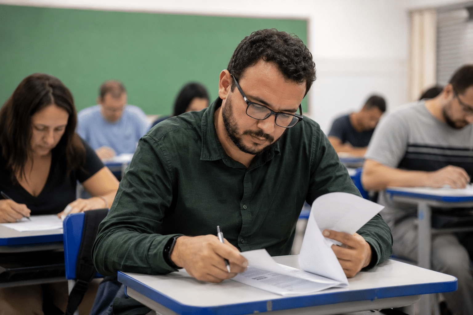 Imagem destacada para matéria com título: "Redes de ensino têm até 31 de maio para confirmar participação na Prova Nacional Docente". Foto editorial mostrando diretora ou coordenadora pedagógica de escola pública brasileira, com expressões de foco e responsabilidade, sentada em mesa de escritório escolar analisando documentos oficiais, cadernos, e utilizando notebook, transmitindo senso de urgência administrativa. Ao fundo, sala de secretaria escolar com quadros de avisos ou mobiliário típico de escola pública brasileira levemente desfocado. Estilo fotojornalístico autêntico, paleta dominante azul saturado ou verde profundo, iluminação natural, composição com um único ponto focal claro, 1200x800 paisagem 3:2. EVITAR: texto sobreposto, telas de computador com interface visível, ícones inventados, palavras em inglês na imagem, banco de imagens genérico, mãos ou rostos distorcidos, marca d'água, múltiplos focos competindo, pessoa de costas, sorriso de stock photo, baixa resolução.