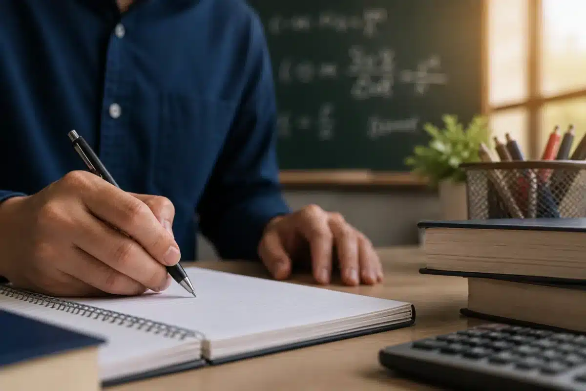 Professor realizando anotações em caderno representando o processo de capacitação em matemática voltado a docentes do ensino fundamental