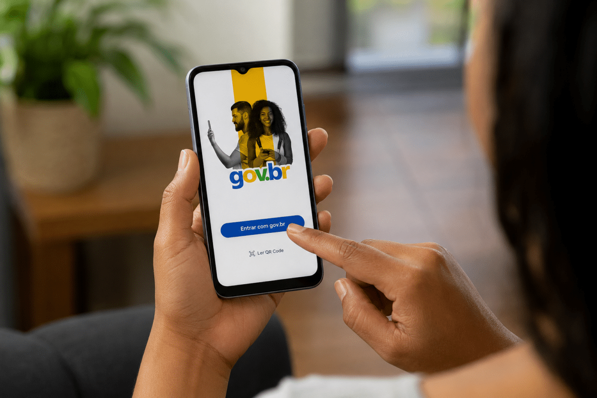 Mulher segura celular com tela do app gov.br e toca botão "Entrar com gov.br" em ambiente interno.
