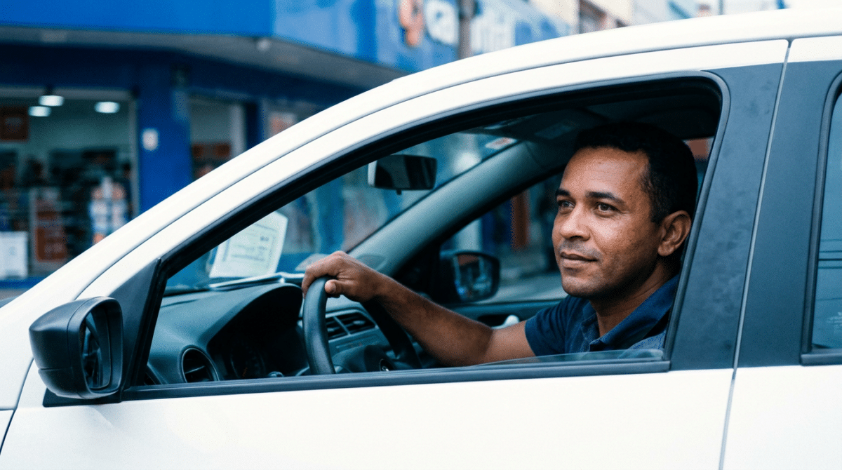 Motorista de aplicativo segura o volante dentro de carro branco estacionado em rua comercial