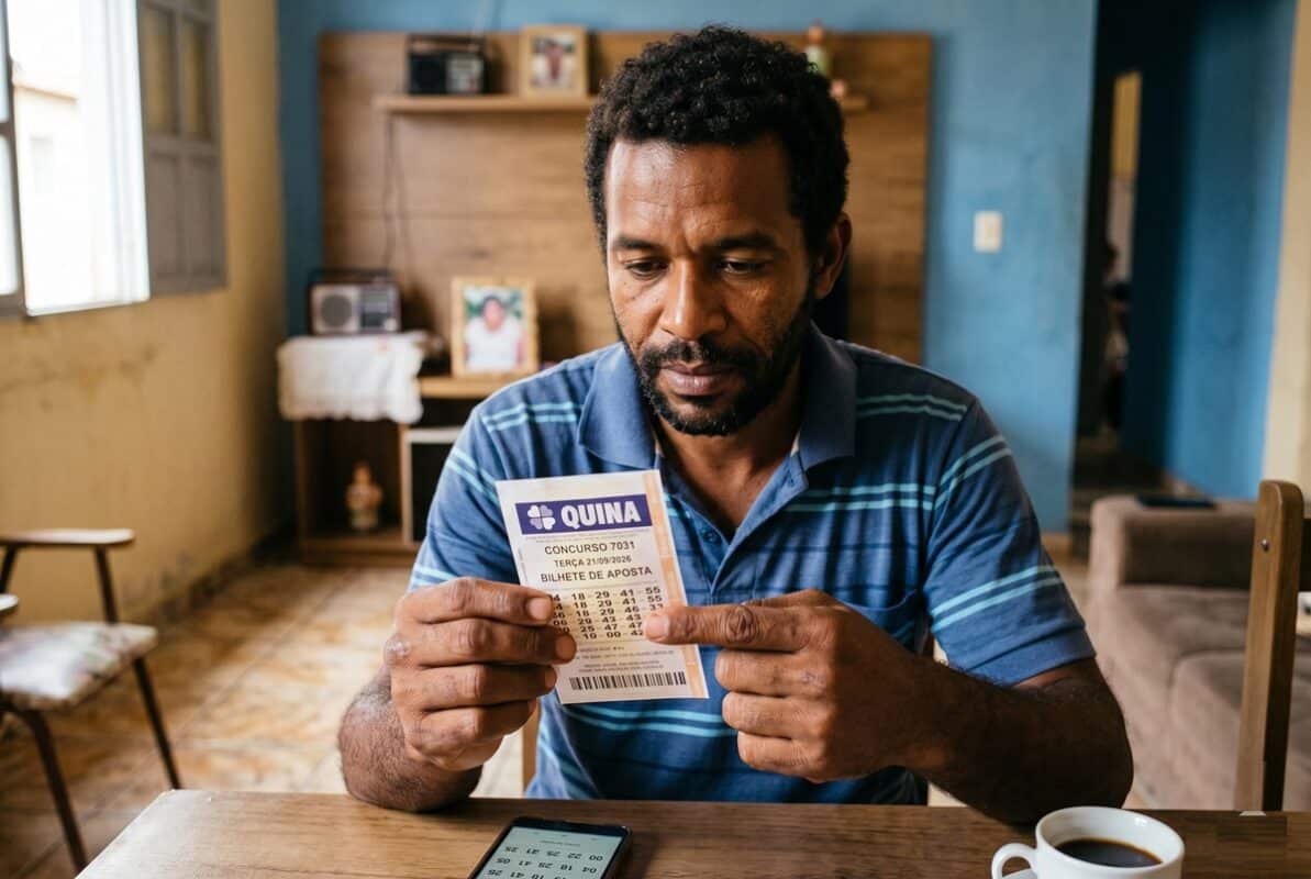 Homem de camisa polo azul listrada segura bilhete de aposta da Quina, concurso 7031, em ambiente doméstico