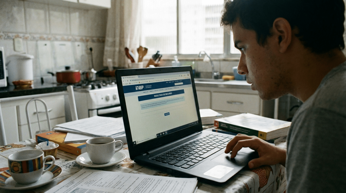 Jovem de cabelos curtos usando notebook na cozinha para acessar site do INEP com xícaras de café e livros na mesa.